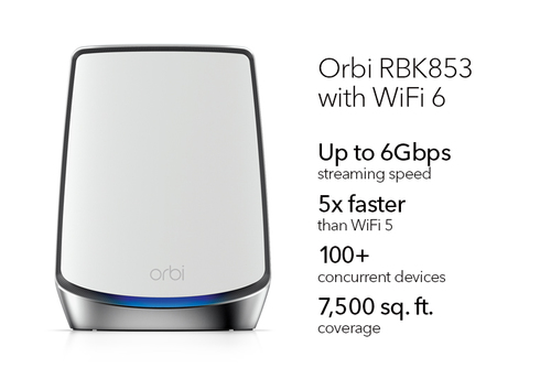 Netgear Orbi RBK853 Wi-Fi 6 IEEE 802.11ax Ethernet Wireless Router - 2.40 GHz ISM Band - 5 GHz UNII Band - 8 x Antenna(8 x