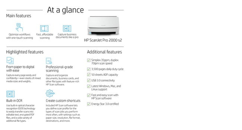 HP Scanjet Pro 2000 s2 Sheet-feed Scanner. Maximum scan size: 216 x 3100 mm, Optical scanning resolution: 600 x 600 DPI, D