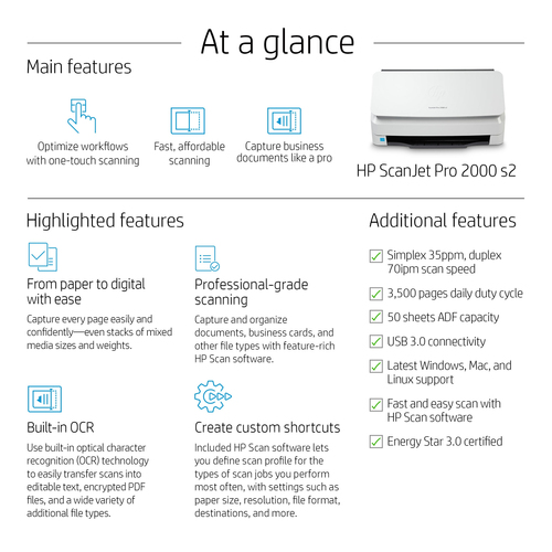 HP Scanjet Pro 2000 s2 Sheet-feed Scanner. Maximum scan size: 216 x 3100 mm, Optical scanning resolution: 600 x 600 DPI, D