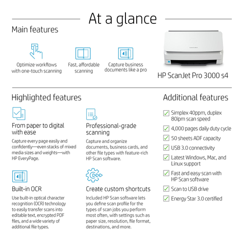 HP Scanjet Pro 3000 s4. Maximum scan size: 216 x 3100 mm, Optical scanning resolution: 600 x 600 DPI, Input colour depth: 
