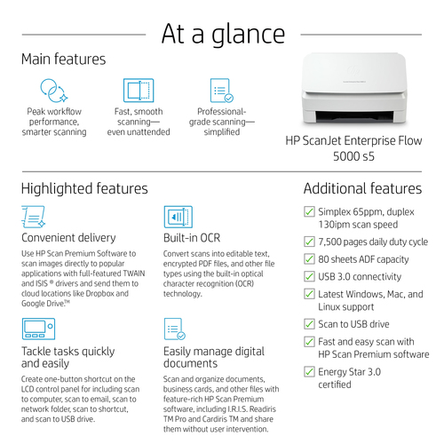 HP Scanjet Enterprise Flow 5000 s5. Maximum scan size: 216 x 3100 mm, Optical scanning resolution: 600 x 600 DPI. Scanner 