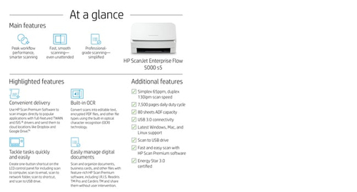 HP Scanjet Enterprise Flow 5000 s5. Maximum scan size: 216 x 3100 mm, Optical scanning resolution: 600 x 600 DPI. Scanner 