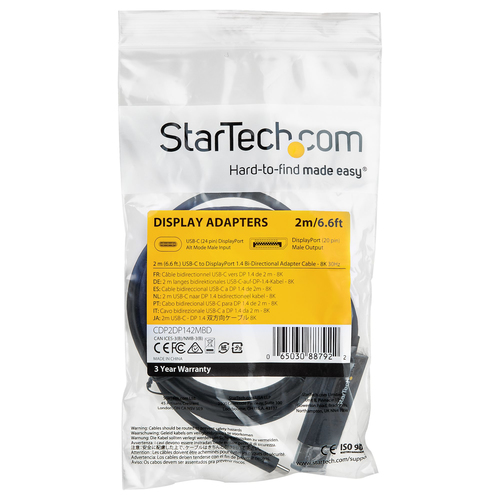 StarTech.com 6ft (2m) USB C to DisplayPort 1.4 Cable 8K 60Hz/4K - Reversible DP to USB-C or USB-C to DP Video Adapter Cabl