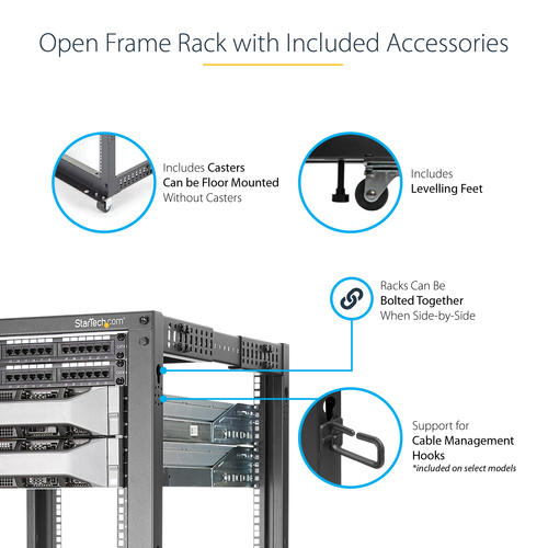 StarTech.com 12U Adjustable Depth Open Frame 4 Post Server Rack w/ Casters / Levelers and Cable Management Hooks - Steel, 