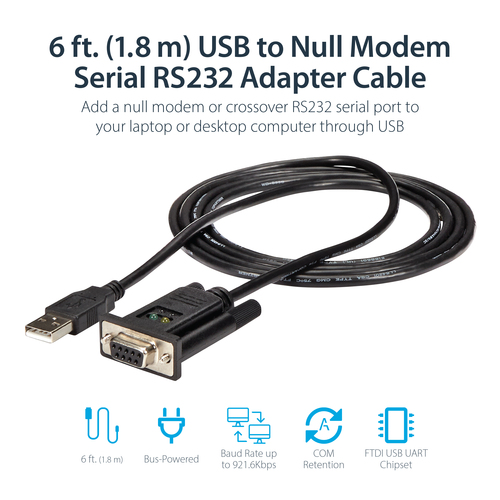 StarTech.com USB to Serial Adapter â€" Null Modem â€" FTDI USB UART Chip â€" DB9 (9-pin) â€" USB to RS232 Adapter - 1 x 9-