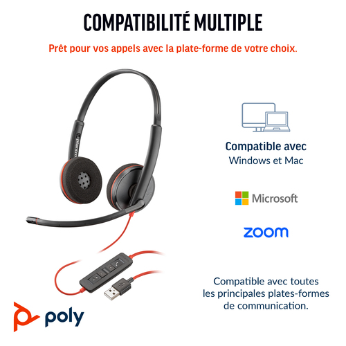 Casque Poly Blackwire 3220 - Filaire - Design Supra-auriculaire, Sur tête - Stéréo - Couleur Noir - Binaural - Supra-aural