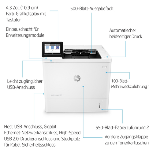 HP LaserJet Enterprise M611dn - Desktop Laserdrucker - Monochrom - 61 ppm Monodruck - 1200 x 1200 dpi Druckauflösung - Dup