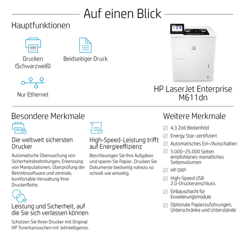 HP LaserJet Enterprise M611dn - Desktop Laserdrucker - Monochrom - 61 ppm Monodruck - 1200 x 1200 dpi Druckauflösung - Dup
