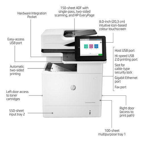 HP LaserJet Enterprise MFP M635h. Print technology: Laser, Printing: Mono printing, Maximum resolution: 1200 x 1200 DPI. C