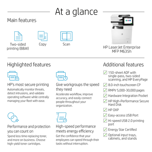 HP LaserJet Enterprise MFP M635h. Print technology: Laser, Printing: Mono printing, Maximum resolution: 1200 x 1200 DPI. C