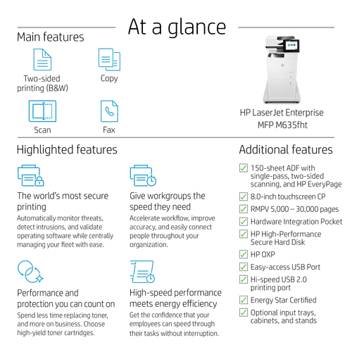 HP LaserJet Enterprise M635fht Laser Multifunction Printer - Monochrome - Copier/Fax/Printer/Scanner - 65 ppm Mono Print -