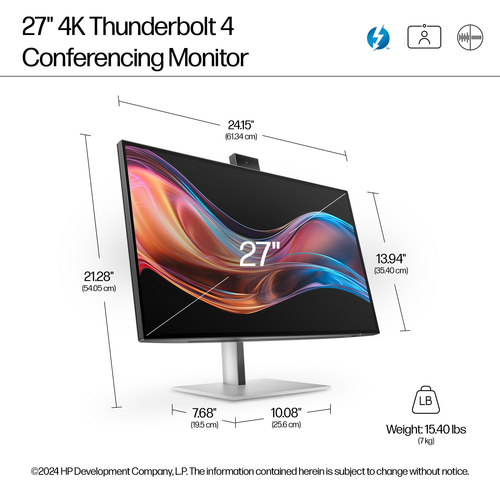 HP Series 7 Pro 27 inch 4K Conferencing Monitor - 727pm. Display diagonal: 68.6 cm (27"), Display resolution: 3840 x 2160 