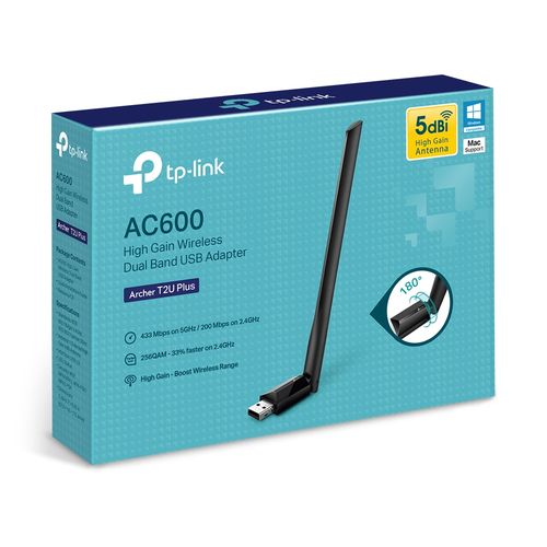 TP-Link Archer T2U Plus Dualband Wi-Fi Adapter für Notebook - IEEE 802.11ac - USB 2.0 - 600 Mbit/s - 2,40 GHz ISM - 5 GHz 