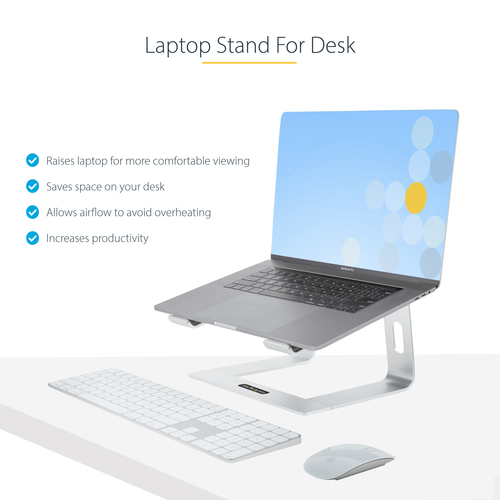 StarTech.com Laptop Stand for Desk, Supports 5kg / 11lb, Aluminum, Silver, Ergonomic Laptop Riser, Portable Laptop Holder 