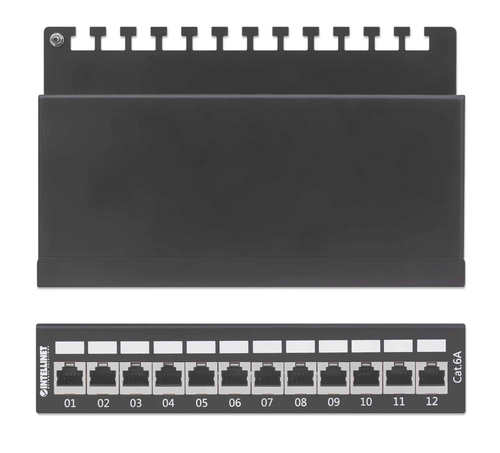 Intellinet Patch Panel, Cat6a, FTP, 12-Port, Desktop, Shielded, 90° Top-Entry Punch Down Blocks, Black. Networking standar