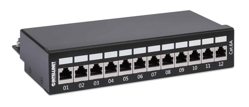 Intellinet Patch Panel, Cat6a, FTP, 12-Port, Desktop, Shielded, 90° Top-Entry Punch Down Blocks, Black. Networking standar