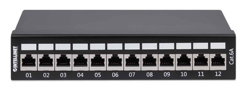 Intellinet Patch Panel, Cat6a, FTP, 12-Port, Desktop, Shielded, 90° Top-Entry Punch Down Blocks, Black. Networking standar
