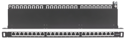 Intellinet Patch Panel, Cat6a, FTP, 24-Port, 19", 0.5U, Shielded, 90° Top-Entry Punch Down Blocks, Black. Networking stand