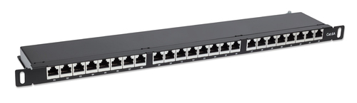 Intellinet Patch Panel, Cat6a, FTP, 24-Port, 19", 0.5U, Shielded, 90° Top-Entry Punch Down Blocks, Black. Networking stand