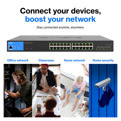 Linksys LGS328MPC 24 Ports Manageable Ethernet Switch - 3 Layer Supported - Modular - 410 W PoE Budget - Optical Fiber, Tw