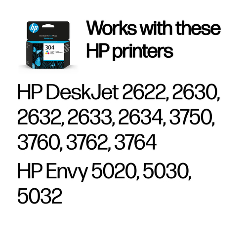 HP 304 Tri-color Original Ink Cartridge. Colour ink page yield: 100 pages, Printing colours: Cyan, Magenta, Yellow, Quanti