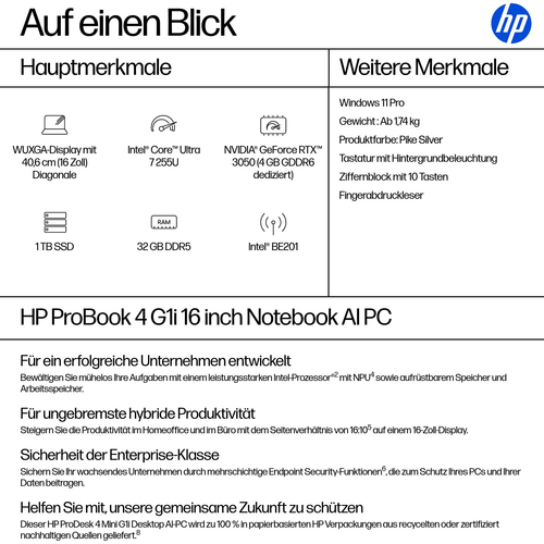 HP ProBook 4 G1i 40,6 cm (16 Zoll) Notebook - WUXGA - Intel Core Ultra 7 255U - 32 GB - 1 TB SSD - Silber - Intel Chip - 1