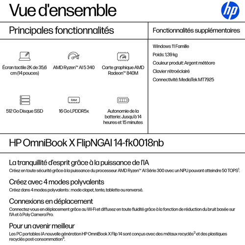 HP OmniBook X Flip Next Gen AI 14-fk0018nb. Product type: Hybrid (2-in-1), Form factor: Convertible (Folder). Processor fa