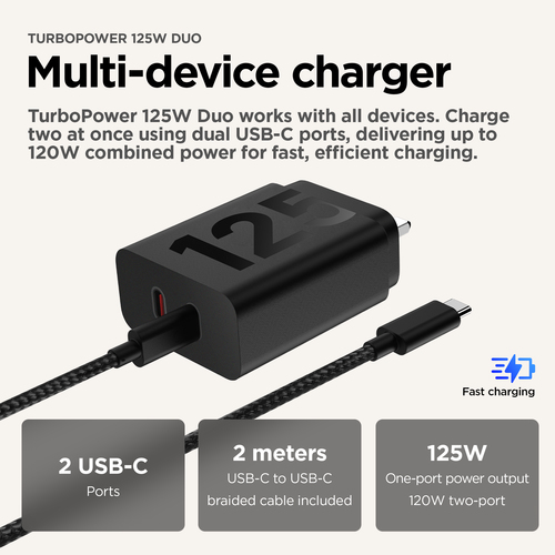 Motorola TurboPower 125W Duo Charger. Charger type: Indoor, Power source type: AC, Charger compatibility: Universal. Input