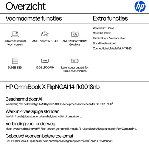 HP OmniBook X Flip Next Gen AI 14-fk0018nb. Product type: Hybrid (2-in-1), Form factor: Convertible (Folder). Processor fa