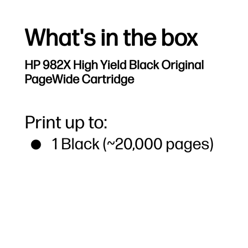 HP 982X High Yield Black Original PageWide Cartridge. Cartridge capacity: High (XL) Yield, Black ink type: Pigment-based i