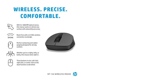 HP 150 Wireless Mouse. Form factor: Ambidextrous. Movement detection technology: Optical, Device interface: RF Wireless, M