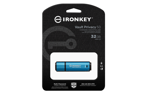 Kingston Technology IronKey 32GB Vault Privacy 50 AES-256 Encrypted, FIPS 197. Capacity: 32 GB, Device interface: USB Type