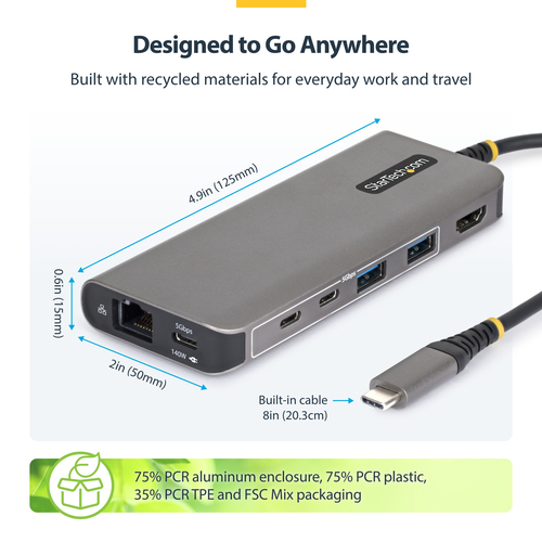 StarTech.com Adaptateur Multiport USB-C vers HDMI avec Recharge PD 140W, 4K 60Hz, Hub USB 5 Ports à 5 Gbps, GbE, Mini Dock