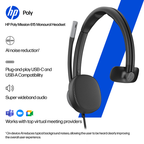 Poly Mission 600 625 Com fios Headset, Na orelha Estéreo Fone de ouvido - Preto - Microsoft Teams Certification - Binaural