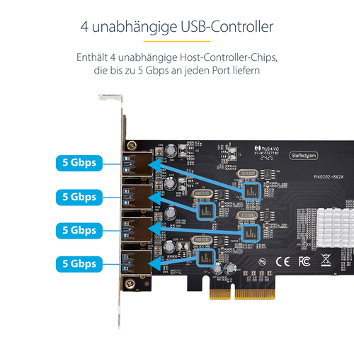 StarTech.com 4-Port USB PCIe Karte, USB 3.2 5Gbps, PCI Express Karte mit 4 unabhängigen USB-Controllern, 4 USB-A Anschlüss