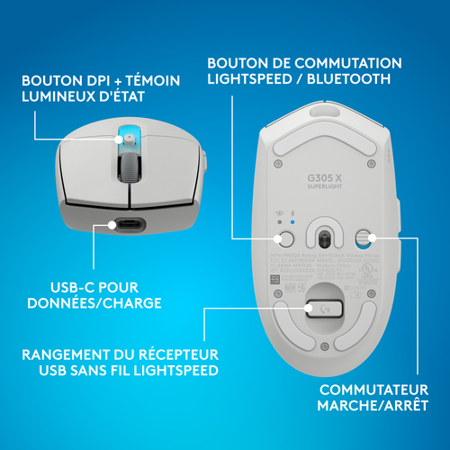 Souris de jeu Logitech G G305 X SUPERLIGHT - Bluetooth/Radio Fréquence - USB Type A, USB Type C - 6 Bouton(s) - 6 Boutons 
