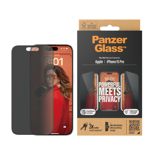 PanzerGlass Privacy Screen Protector for iPhone 15 Pro - Clear - For LCD iPhone 15 Pro - Drop Resistant, Shock Resistant, 