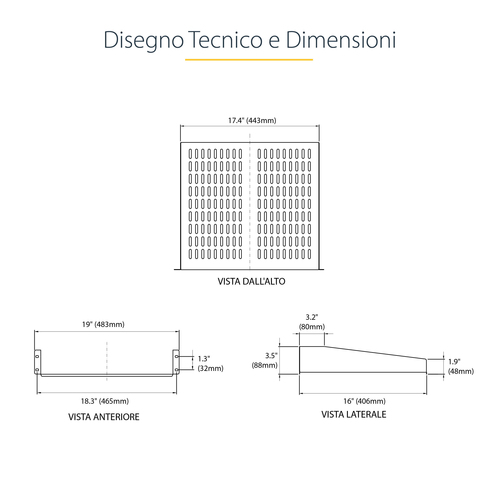 StarTech.com Scaffale cantilever per montaggio a rack universale con fessure 16" 2U - Ripiano per armadio server rack fiss