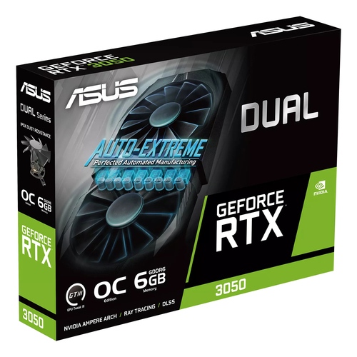 ASUS Dual -RTX3050-O6G. Processeur graphique famille: NVIDIA, Processeur graphique: GeForce RTX 3050. Mémoire carte graphi