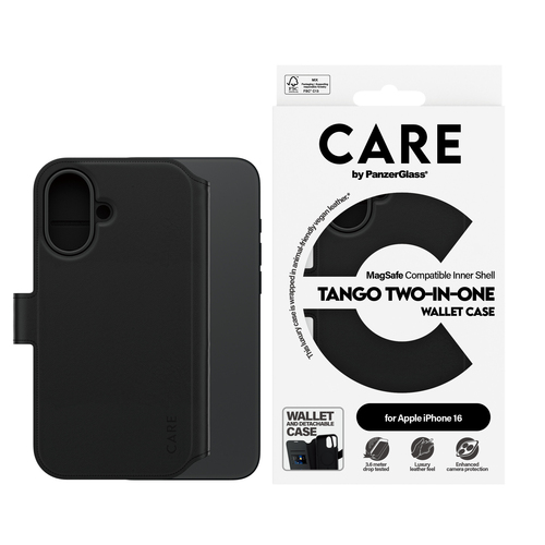 PanzerGlass CARE™ by ® Tango 2-in-1 Wallet Case w. MagSafe iPhone 16. Case type: Cover, Brand compatibility: Apple, Compat