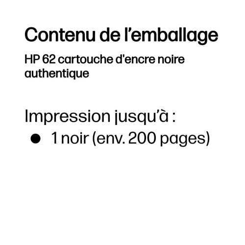 HP 62 Black Original Ink Cartridge. Cartridge capacity: Standard, Black ink type: Pigment-based ink, Black ink volume: 4 m