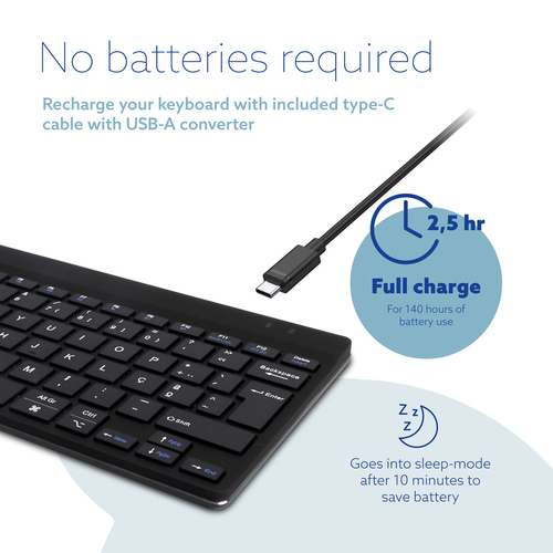 R-Go Compact Break Teclado - Compacto - Sem fios Conectividade - USB Tipo C Interface - Português - QWERTY Layout - Preto 