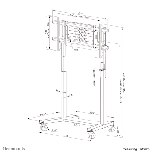 Neomounts MOVE Lift XL FL55-975BL1 Display Cart - 160 kg Load Capacity - 4 Casters - Steel - 125.30 cm (49.33") Width x 81
