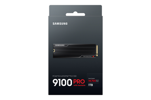 Samsung 9100 PRO Heatsink PCIe® 5.0 NVMe™ M.2 SSD - 1 TB. SSD capacity: 1 TB, SSD form factor: M.2, Read speed: 14700 MB/s
