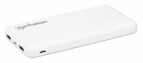 Manhattan Power Bank, 10000 mAh, Output: 2x USB-A (2.1A & 1A), Input: USB-C & Micro-USB (both 2A), White, One Year Warrant