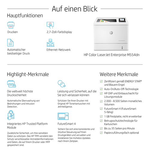 HP LaserJet Enterprise M554dn - Desktop Laserdrucker - Farbe - 35 ppm Monodruck/35 ppm Farbdruckgeschwindigkeit - 1200 x 1