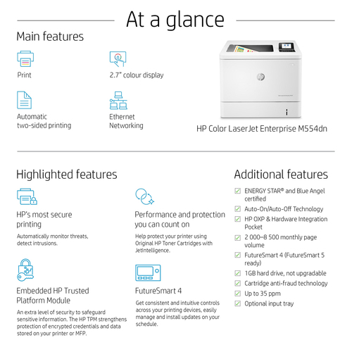 HP LaserJet Enterprise M554dn - Desktop Laserdrucker - Farbe - 35 ppm Monodruck/35 ppm Farbdruckgeschwindigkeit - 1200 x 1