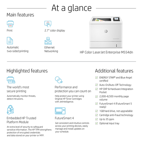 HP LaserJet Enterprise M554dn - Desktop Laserdrucker - Farbe - 35 ppm Monodruck/35 ppm Farbdruckgeschwindigkeit - 1200 x 1