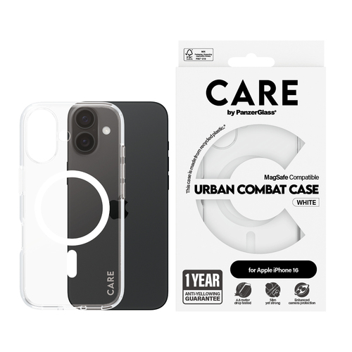PanzerGlass CARE™ by ® Urban Combat Case Transparent w. White MagSafe iPhone 16. Case type: Cover, Brand compatibility: Ap