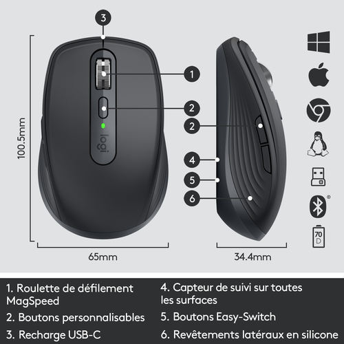 Logitech MX Anywhere 3, rechts, RF Wireless + Bluetooth, 4000 DPI, Graphit